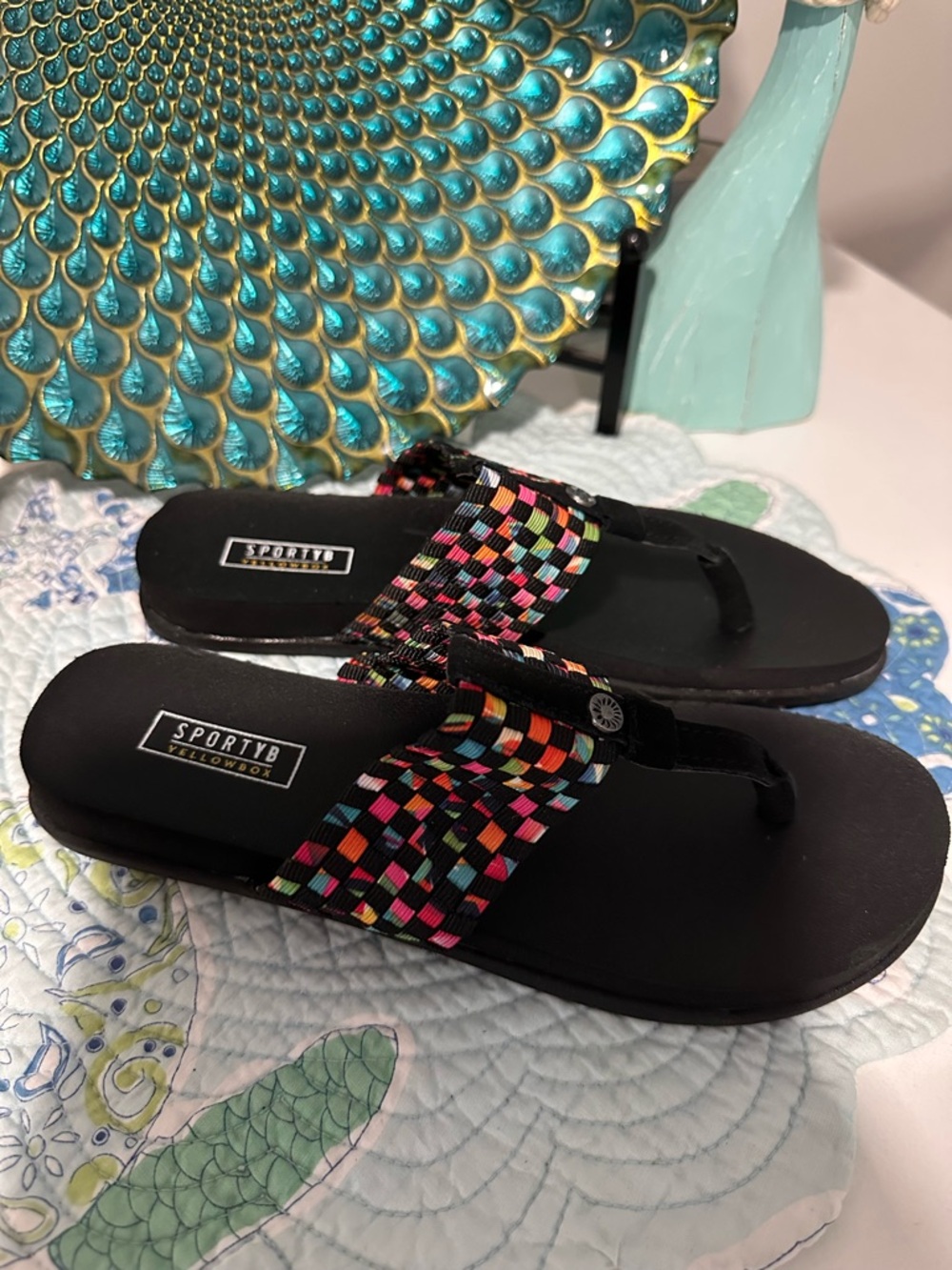 Yellow Box Black Sandals with Multicolor Woven Straps